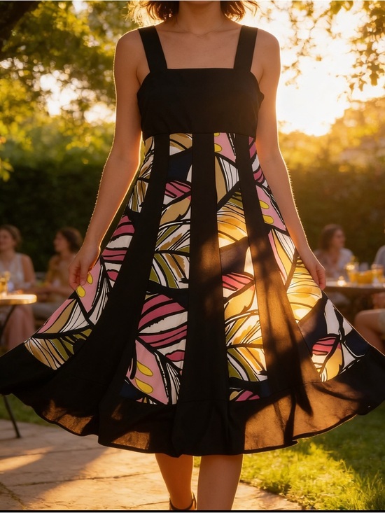 Maccine Dresses & Skirts - Plus size Black Midi Sleeveless  Dress with Pink and Yellow abstract Panels